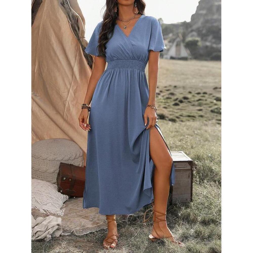 Breezaya Solid Color V-Neck Wrap Waist Split Dress - Picture 5 of 7